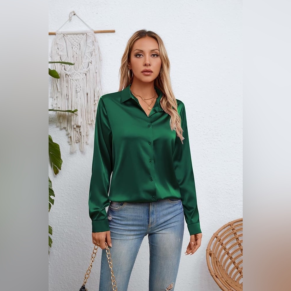 Satin Silk Button Down Shirts Long Sleeve Blouse Casual Work Office Top XL - Picture 3 of 4